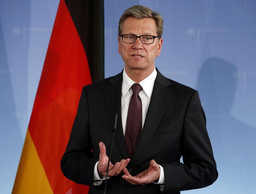 FILE - In this April 8, 2013 file photo then German Foreign Minister Guido Westerwelle, speaks during a joint press conference at the Foreign Office in Berlin, Germany. His foundation confirmed Friday, March 18, 2016 that Westerwelle has died. He was 54. (AP Photo/Michael Sohn)