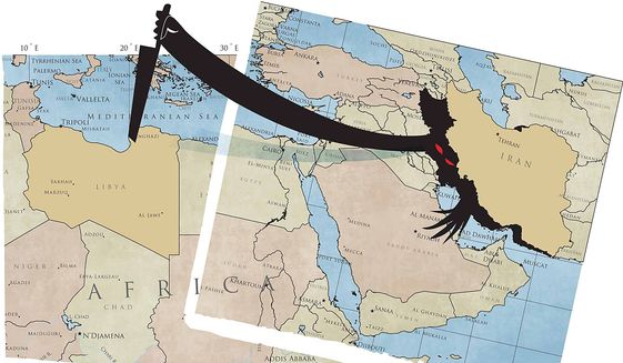 Illustration on Iranian meddling in Libya by Linas Garsys/The Washington Times