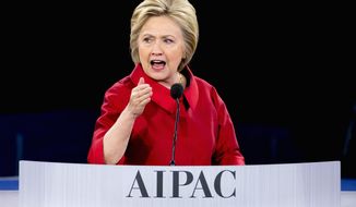 Democratic presidential candidate Hillary Clinton speaks at the 2016 American Israel Public Affairs Committee (AIPAC) Policy Conference, March 21, 2016, at the Verizon Center in Washington.  (AP Photo/Andrew Harnik)