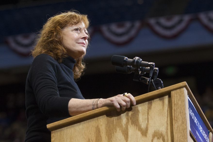 Actress Susan Sarandon introduces Democratic presidential candidate Sen. Bernie Sanders, I-Vt., speaks at a campaign rally in Boise, Idaho, Monday, March 21, 2016. (AP Photo/Otto Kitsinger) ** FILE **
