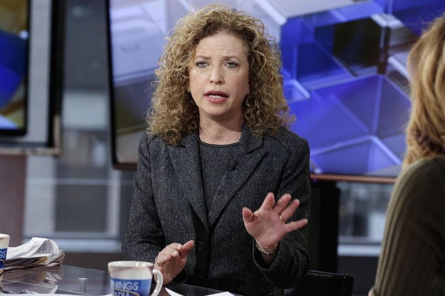 Democratic National Committee Chair,  Rep Debbie Wasserman Schultz, D-Fla., is interviewed by Maria Bartiromo during her &quot;Mornings with Maria&quot; program, on the Fox Business Network, Monday, March 21, 2016, in New York. (AP Photo/Richard Drew)