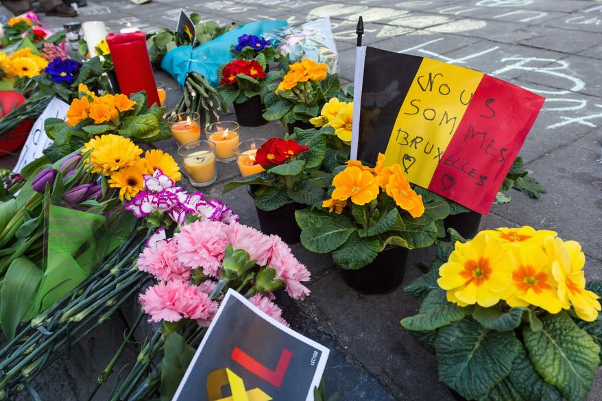 A memorial to the Belgian attack victims outside the stock exchange in Brussels. (Associated Press)