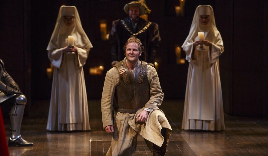 This image released by the Stratford Festival shows Evan Buliung as Pericles, center, during a performance of, "The Adventures of Pericles," in Ontario, Canada. in Ontario, Canada. The Stratford Festival will this year commemorate the 400th anniversary of William Shakespeare's death by broadcasting three more of the Bard’s work in HD, including “Hamlet” starring Jonathan Goad on April 24, "The Taming of the Shrew" beginning May 8 and "The Adventures of Pericles" on beginning May 29. (David Hou/Stratford Festival via AP)