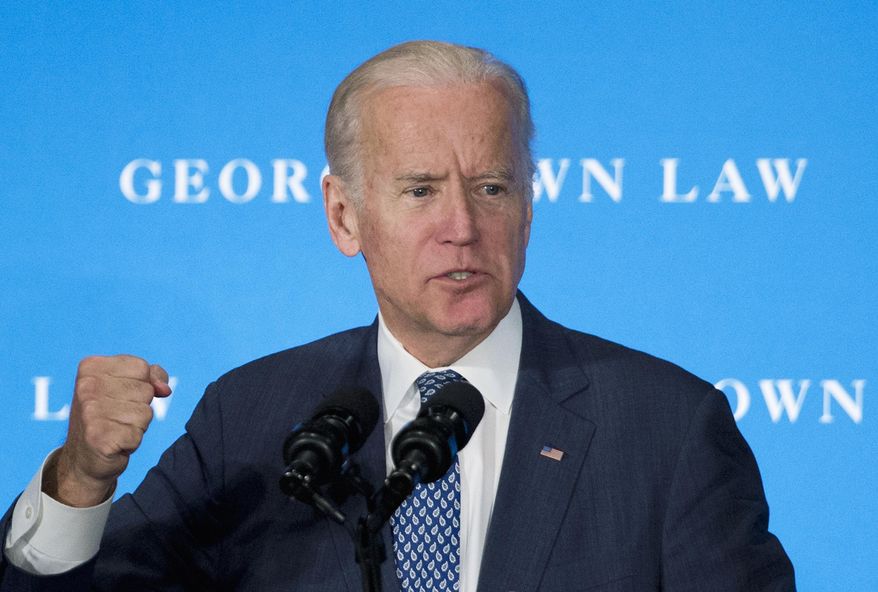Vice President Joe Biden speaks at Georgetown Law School in Washington, Thursday, March 24, 2016. Biden is pointing to his years as Senate Judiciary Committee chairman to cast Republicans&#x27; election-year Supreme Court blockade as a dangerous new escalation of partisanship. In a speech at Georgetown Law School, Biden, took credit for moving eight Supreme Court nominees through the committee and to a vote on the Senate floor.   (AP Photo/Manuel Balce Ceneta)