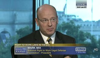 Mark A. Mix, president of the National Right to Work Legal Defense Foundation and National Right to Work Committee, talked about the issue of compelled union membership on Sept. 2, 2013 on Washington Journal. (Image courtesy of C-SPAN.org)