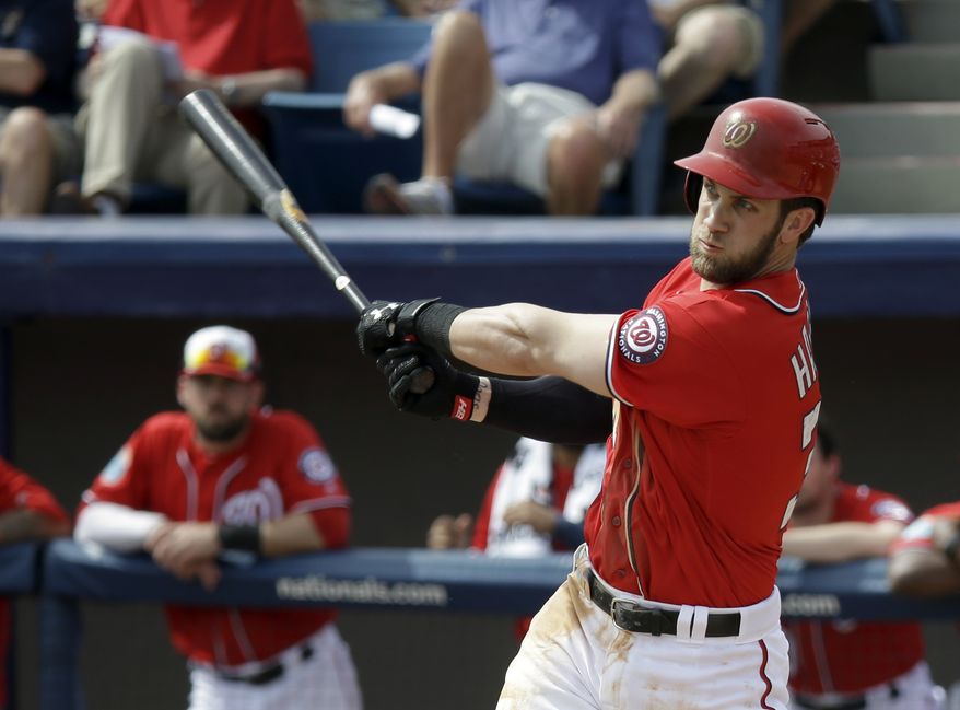 Washington Nationals&#39; Bryce Harper bats against the New York Mets in a spring training baseball game, Thursday, March 3, 2016, in Viera, Fla. (AP Photo/John Raoux)