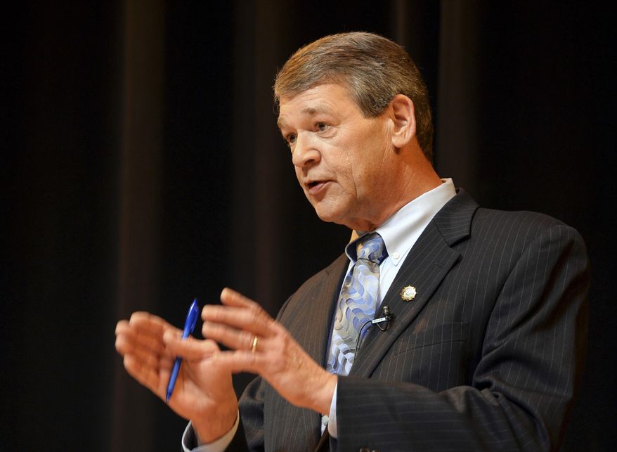 In this March 3, 2016 photo, North Dakota Attorney General Wayne Stenehjem, one of three Republican governor hopefuls, speaks during a debate with his challengers in Bismarck. Republicans begin their three-day state endorsing convention on Friday, April 1, 2016, at the Scheels Arena in Fargo. (Will Kincaid/The Bismarck Tribune via AP) MANDATORY CREDIT