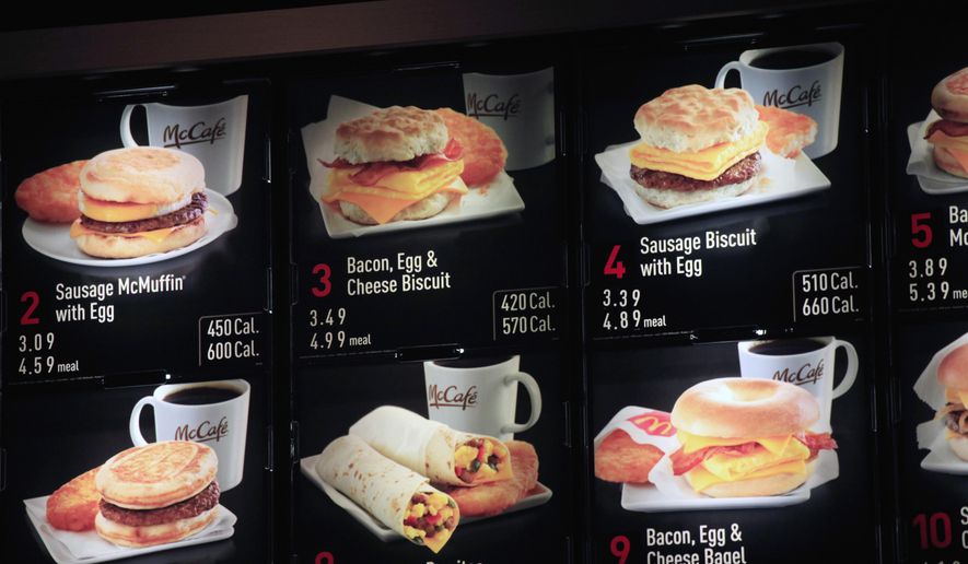 In this Sept. 12, 2012, file photo, items on the breakfast menu, including the calories, are posted at a McDonald's restaurant in New York. Wondering how many calories are in that hamburger? Chain restaurants still don't have to tell you, despite a 6-year-old law requiring calorie labels. (AP Photo/Mark Lennihan, File)