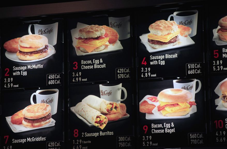 In this Sept. 12, 2012, file photo, items on the breakfast menu, including the calories, are posted at a McDonald's restaurant in New York. Wondering how many calories are in that hamburger? Chain restaurants still don't have to tell you, despite a 6-year-old law requiring calorie labels. (AP Photo/Mark Lennihan, File)