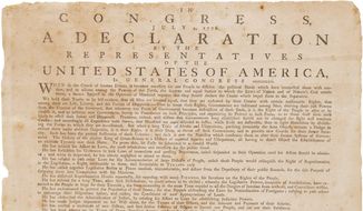 This undated photo provided by Heritage Auctions shows a 1776 broadside printing of the Declaration of Independence. The broadside printing, to be auctioned April 5 in New York, was ordered on July 17, 1776, by the Massachusetts Bay Council and read by the Rev. Levi Frisbie to his congregation in Ipswich, north of Boston. (Heritage Auctions via AP)