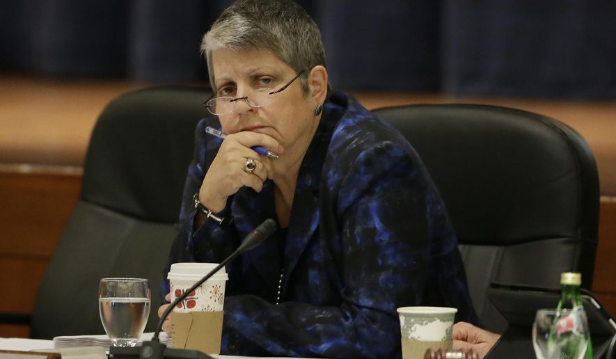 FILE - In this Nov. 19, 2014 file photo, University of California President Janet Napolitano listens to student speakers during a meeting of the university Board of Regents in San Francisco. California&#x27;s auditor said Tuesday, March 29, 2016, the University of California has undermined residents by admitting a growing number of nonresident students, some of whom were not as qualified as in-state students. (AP Photo/Eric Risberg, File)