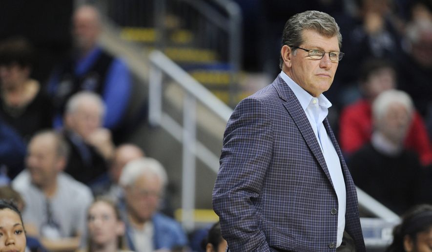 Connecticut head coach Geno Auriemma watches action during the second half of an NCAA college basketball game against Mississippi State in the regional semifinals of the women&#x27;s NCAA Tournament, Saturday, March 26, 2016, in Bridgeport, Conn. (AP Photo/Jessica Hill)