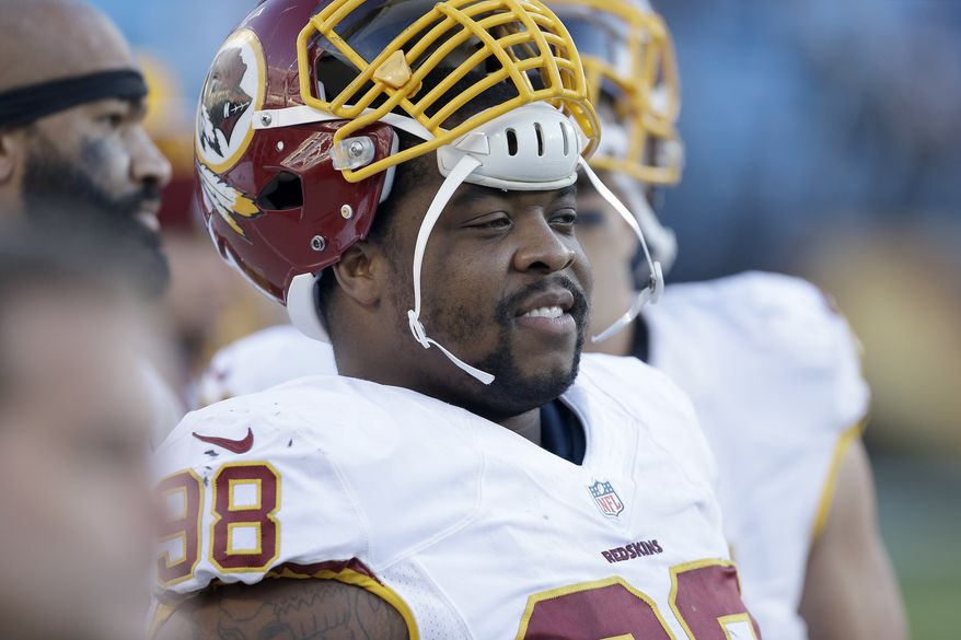 Washington Redskins&#39; Terrance Knighton (98) on the sidelines during the second half of an NFL football game against the Carolina Panthers in Charlotte, N.C., Sunday, Nov. 22, 2015. The Panthers won 44-16. (AP Photo/Bob Leverone)