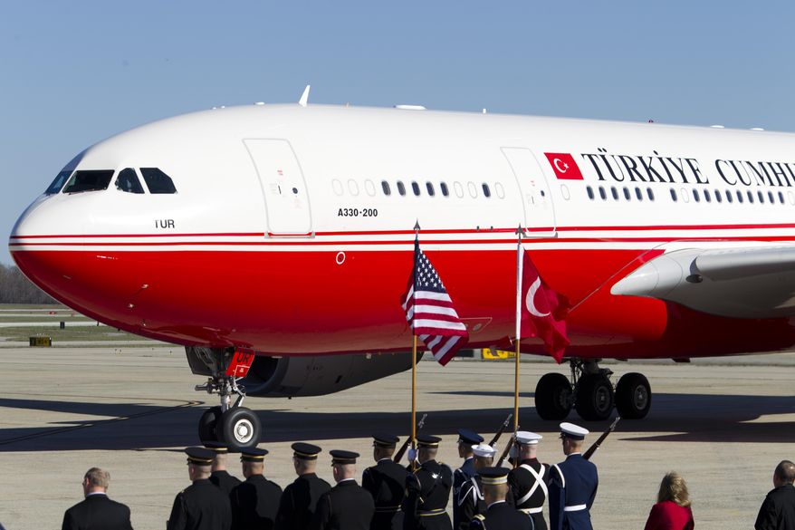 The plane with Turkish President Recep Tayyip Erdogan aboard arrives at Andrews Air Force Base, Md., Tuesday, March 29, 2016. Erdogan is in Washington to attend the Nuclear Security Summit. (AP Photo/Jose Luis Magana)