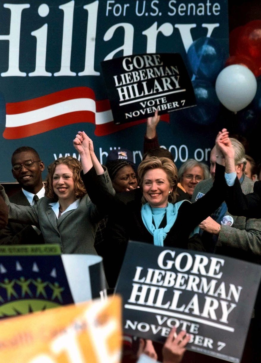 ADVANCE FOR SUNDAY, APRIL 3, 2016 AND THEREAFTER - FILE - In this Nov. 6, 2000 file photo, U.S. Senate candidate then first lady Hillary Clinton and her daughter Chelsea react at the end of a rally at the Albany, N.Y., City Hall. (AP Photo/ Jim McKnight, File)