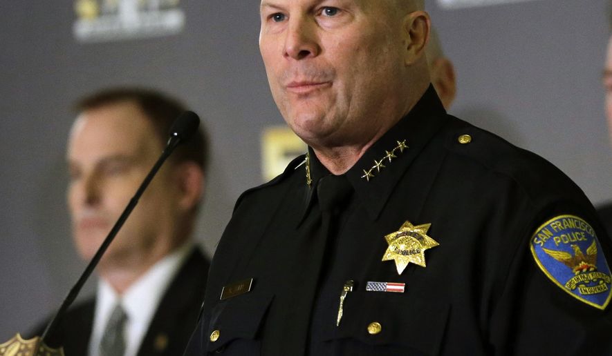 FILE - This Feb. 3, 2016 file photo San Francisco Police Chief Greg Suhr speaks during a news conference in San Francisco. Additional San Francisco police officers have been accused of exchanging racist and homophobic text messages, following a scandal that implicated 14 officers in a department now under federal review. (AP Photo/David J. Phillip,File)