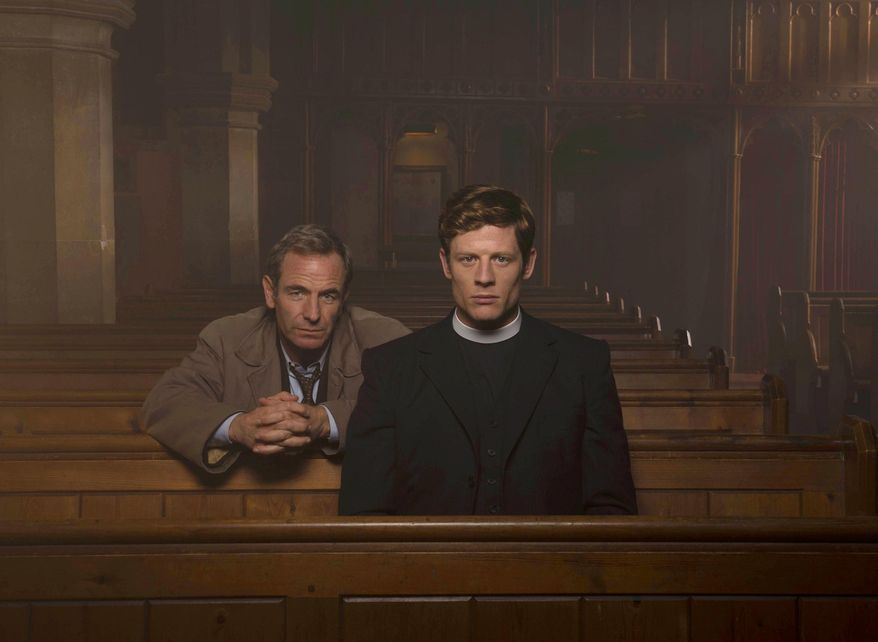 In this image released by PBS, Robson Green portrays Geordie, left, and James Norton portrays Sidney in "Grantchester," premiering Sunday, March 27 on PBS. (Des Willie/Kudos & ITV for MASTERPIECE via AP)