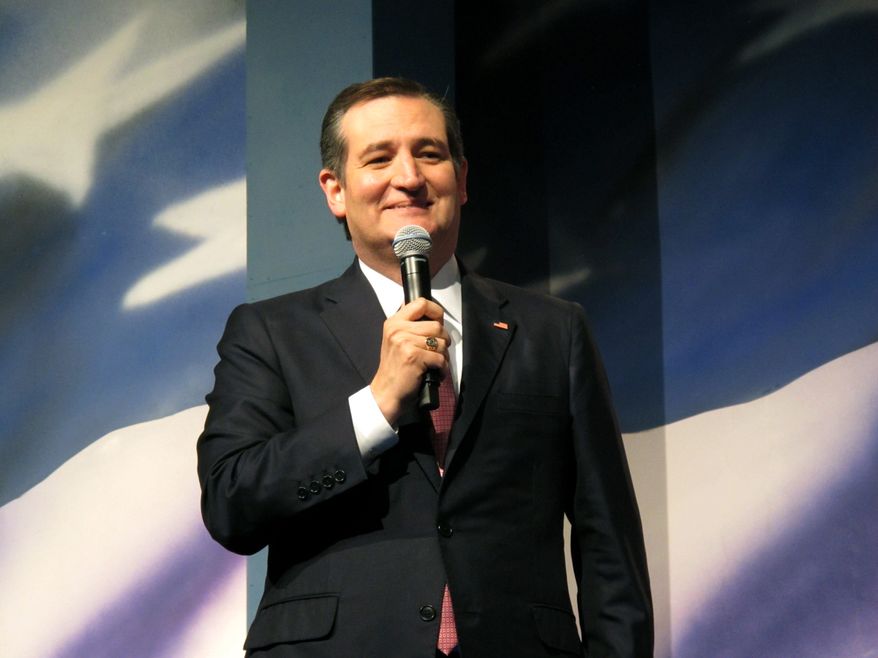 Sen. Ted Cruz addresses more than 1,600 delegates at the North Dakota Republican Convention in Fargo, North Dakota, on Saturday, April 2, 2016. Convention-goers in this red state will on Sunday select 25 of the 28 national delegates who likely will play a role in choosing the Republican presidential nominee. ( AP Photo/James MacPherson)