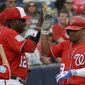 Washington Nationals manager Dusty Baker, left, high fives Ben Revere, right, after he hit a home run in a spring training baseball game against the Detroit Tigers, Saturday, March 5, 2016, in Viera, Fla. (AP Photo/John Raoux)