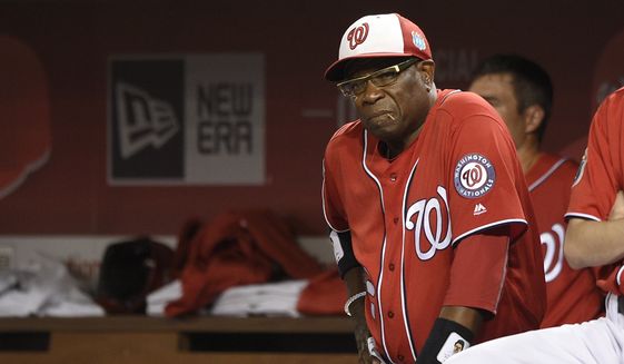 Washington Nationals manager Dusty Baker looks on during an interleague exhibition baseball game Minnesota Twins, Friday, April 1, 2016, in Washington. The Nationals won 4-3. (AP Photo/Nick Wass)