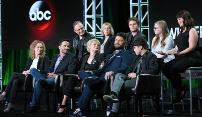 Todd Holland, Stacy Traub, Matt Shively, Bebe Wood, Mary Hollis Inboden, Casey Johnson, David Windsor, Martha Plimpton, Jay R. Ferguson and Noah Galvin participate in the &quot;The Real O&#39;Neals&quot; panel at the ABC 2016 Winter TCA on Saturday, Jan. 9, 2016, in Pasadena, Calif. (Photo by Richard Shotwell/Invision/AP)