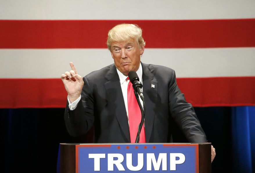 Republican presidential candidate, Donald Trump addresses the crowd during a rally at the Milwaukee Theatre Monday, April 4, 2016, in Milwaukee. (AP Photo/Charles Rex Arbogast)