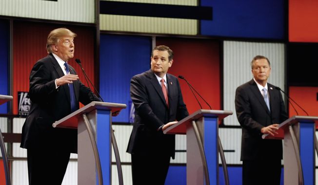 In this March 3, 2016, file photo, Republican presidential candidates, businessman Donald Trump, Sen. Ted Cruz, R-Texas, and Ohio Gov. John Kasich appear during a Republican presidential primary debate at the Fox Theatre in Detroit. (AP Photo/Paul Sancya) ** FILE **