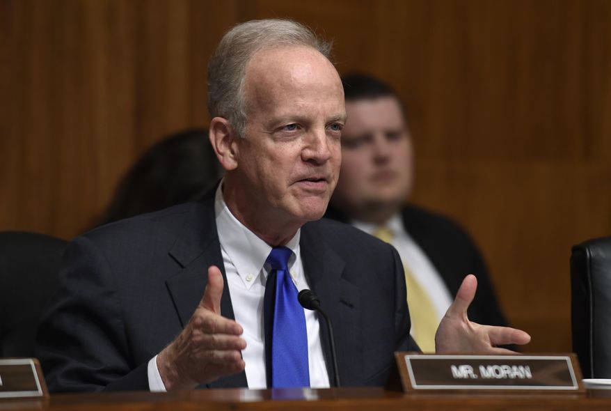 Sen. Jerry Moran, Kansas Republican, asks a question of Treasury Secretary Jacob Lew on Capitol Hill in Washington on March 8, 2016, during a hearing of the Senate Appropriations subcommittee on Financial Services and General Government on the Treasury Department&#x27;s fiscal 2017 budget request. (Associated Press) **FILE**