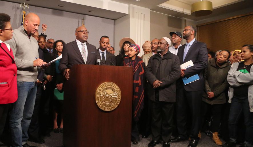 Steve Belton of the Urban League gives the closing remarks during the United Black Legislative Agenda gathering, Wednesday, April 6, 2016, at the State Office Building in St. Paul, Minn. Leaders and advocates from Minnesota's black community laid out their requests for millions of dollars to start an investment program for minority-owned businesses and fund a summer job program for black teens, answering Gov. Mark Dayton's call for input to assemble a plan to tackle economic gaps. (David Joles/Star Tribune via AP) ST. PAUL PIONEER PRESS OUT, MINNEAPOLIS-AREA TV OUT, MAGS OUT