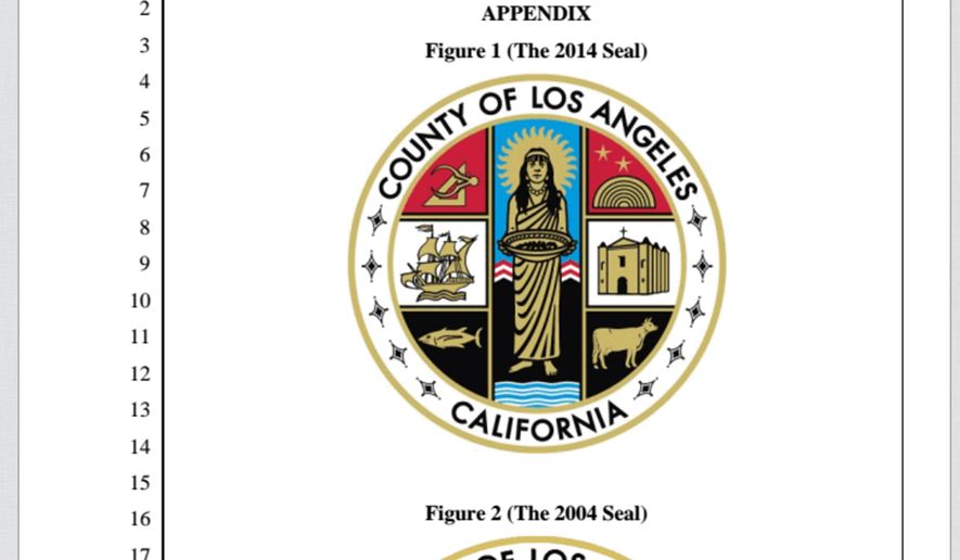 This page of a decision by a federal court judge, a public record, shows the seal of Los Angeles County in 2014, top, and in 2004, bottom. The county's decision to put a cross to its seal for the first time in a decade was unconstitutional, a federal judge ruled Wednesday, April 6, 2016. The 2004 design omitted the cross atop the historic San Gabriel Mission, at right center, because at the time it had been removed during earthquake retrofitting. The 2014 redesign that restored the cross was ruled unconstitutional. (U.S. District Court via AP)