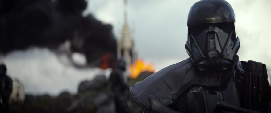 This image released by Disney shows a scene from the upcoming film, "Rogue One: A Star Wars Story." The world got a glimpse of “Rogue One: A Star Wars Story” in teaser trailer that debuted Thursday, April 7, 2016 on Good Morning America that introduces the rag tag rebels who unite to steal the plans for the Death Star, including “The Theory of Everything’s” Felicity Jones. The film directed by Gareth Edwards also stars Diego Luna, Forest Whitaker and Ben Mendelsohn. (Disney via AP)