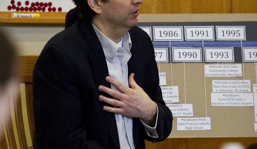 Derek Bailey testifies during his sexual abuse trial in 13th Circuit Court on Thursday, April 7, 2016, in Traverse City, Mich. Bailey was found guilty on two of three counts of first degree criminal sexual conduct in Grand Traverse. (Jan-Michael Stump/Traverse City Record-Eagle via AP) MANDATORY CREDIT