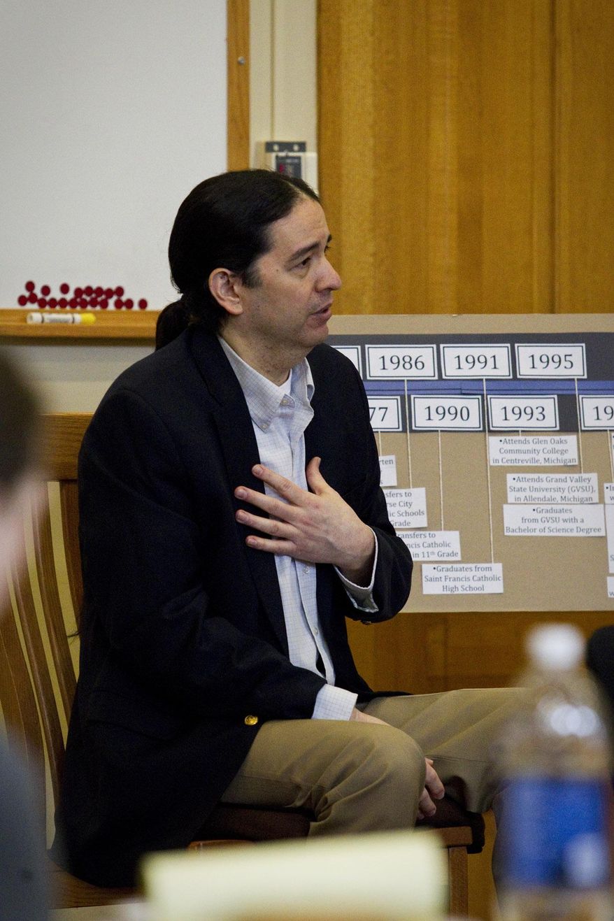 Derek Bailey testifies during his sexual abuse trial in 13th Circuit Court on Thursday, April 7, 2016, in Traverse City, Mich. Bailey was found guilty on two of three counts of first degree criminal sexual conduct in Grand Traverse. (Jan-Michael Stump/Traverse City Record-Eagle via AP) MANDATORY CREDIT