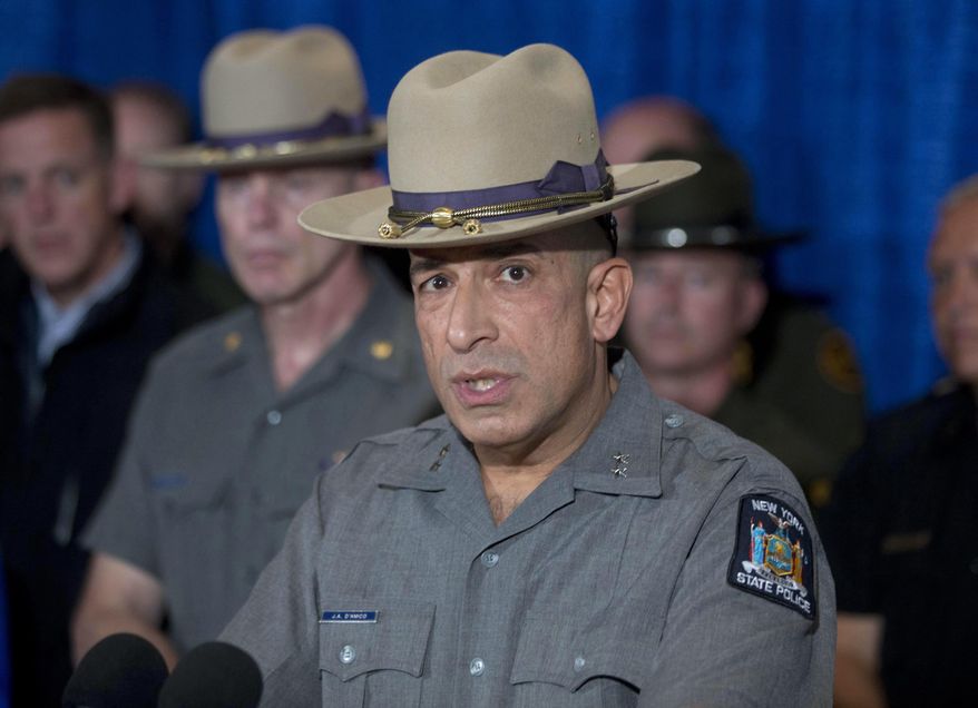 FILE - In this June 28, 2015 file photo, New York State Police Superintendent Joseph D'Amico speaks during a news conference following the capture of fugitive David in Malone, N.Y. On Friday, April 8, 2016 a spokesperson for the New York State Police confirmed that D'Amico is stepping down as New York State's top cop. No reason was given for his departure.(AP Photo/Mike Groll, File)