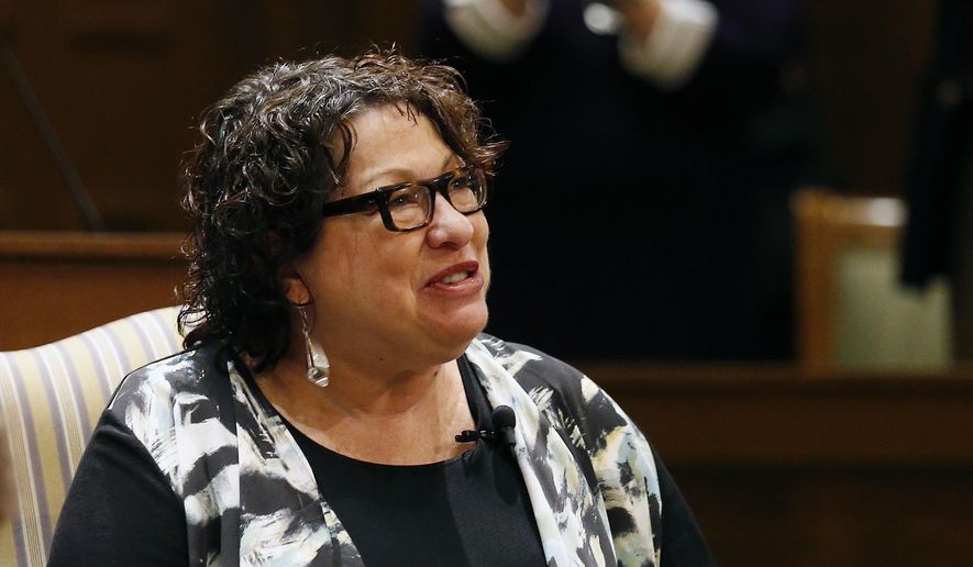 In this Nov. 17, 2015, file photo, U.S. Supreme Court Justice Sonia Sotomayor speaks during an event at the University of Richmond School of Law in Richmond, Va. (Mark Gormus/Richmond Times-Dispatch via AP)