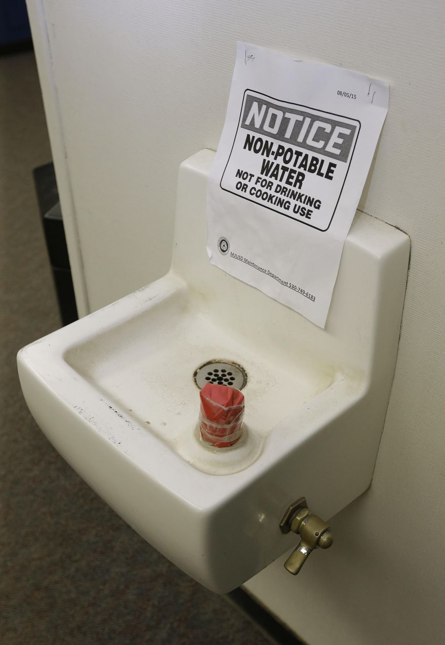 In this photo taken Wednesday, April 6, 2016, tape covers the spout and a sign warns students not to use this water fountain at Foothill Intermediate School in Loma Rica, Calif. Many public water systems in California serving schools, parks, prisons and neighborhoods have found lead at levels unsafe for drinking. Dozens of water systems in the state reported they detected lead in the past three years that exceeded federal standards for human consumption. (AP Photo/Rich Pedroncelli)