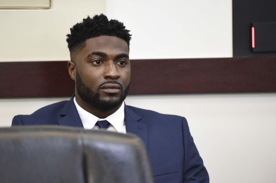 FILE - In this Tuesday, April 5, 2016 file photo, former Vanderbilt football player Cory Batey sits during a break on day two of his trial in Judge Monte Watkins' courtroom in the A.A. Birch building in Nashville, Tenn. The former Vanderbilt football player has been found guilty on Friday, April 8, of raping an unconscious student in a dorm . It took less than three hours for the jury of nine men and three women to find Batey guilty of aggravated rape, two counts of attempted aggravated rape, facilitation of aggravated rape and three counts of aggravated sexual battery. (Samuel M. Simpkins/The Tennessean via AP, File) MANDATORY CREDIT; NO SALES