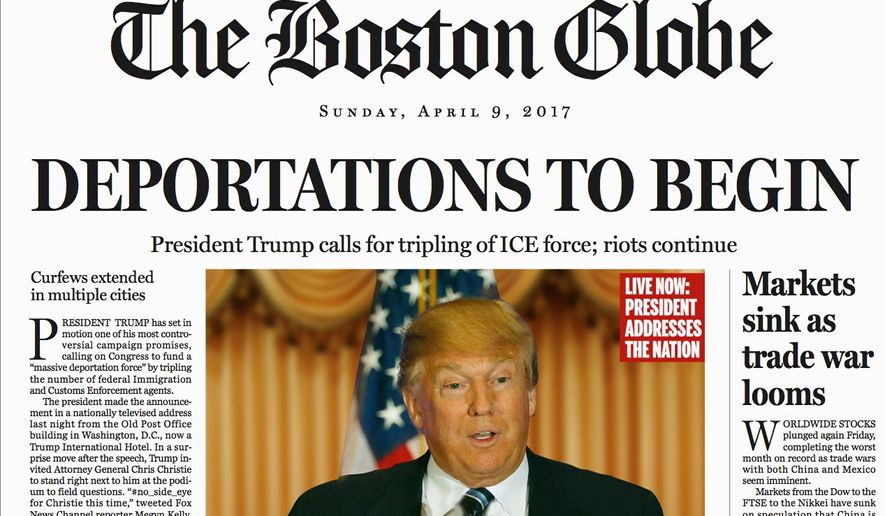 The Boston Globe spent much time and energy to craft a realistic-looking but fake front page on Sunday titled &quot;The GOP must stop Trump.&quot; (Boston Globe)