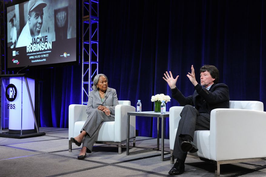 Rachel Robinson, left, and filmmaker Ken Burns participate in the &quot;Jackie Robinson&quot; panel at the PBS Winter TCA on Monday, Jan.18, 2016, in Pasadena, Calif. (Photo by Richard Shotwell/Invision/AP)