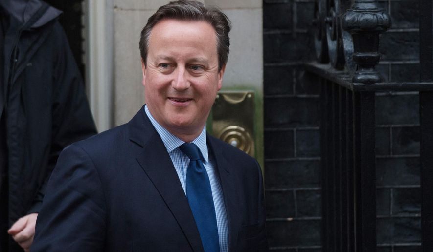 Britain's Prime Minister David Cameron leaves 10 Downing Street in central London to appear before MPs for the first time since it emerged he had profited from an offshore fund, Monday April 11, 2016. Cameron will try to restore his government’s shaken reputation for competence with a statement in the House of Commons later Monday, after days of damaging headlines about his links to an offshore wealth fund. (Stefan Rousseau / PA via AP) UNITED KINGDOM OUT - NO SALES - NO ARCHIVES