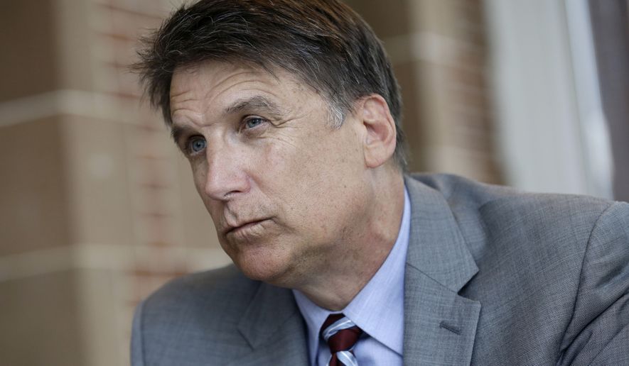 North Carolina Gov. Pat McCrory makes remarks during an interview at the Governor&#39;s mansion in Raleigh, N.C., Tuesday, April 12, 2016. McCrory says he wants to change a new state law that prevents people from suing over discrimination in state court, but he&#39;s not challenging a measure regarding bathroom access for transgender people. (AP Photo/Gerry Broome)