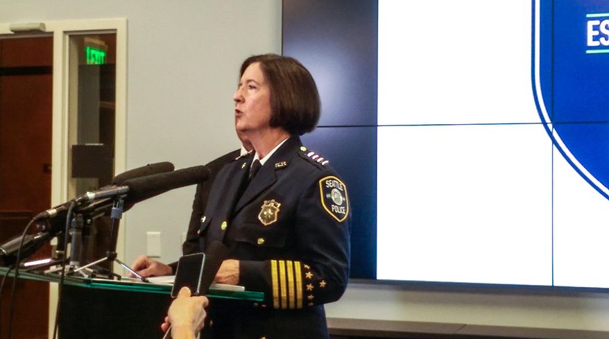 Seattle Police Chief Kathleen O&#x27;Toole speaks to reporters during a news conference Monday, April 11, 2016, in Seattle. Multiple body parts — including a foot — found in a homeowner&#x27;s recycling bin likely belong to a woman who was reported missing Saturday morning, Seattle police said Monday. (Lynsi Burton/seattlepi.com via AP) MAGS OUT; NO SALES; SEATTLE TIMES OUT; TV OUT; MANDATORY CREDIT