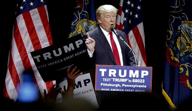 Republican presidential candidate Donald Trump speaks during a campaign rally in Pittsburgh, Wednesday, April 13, 2016. (AP Photo/Keith Srakocic)