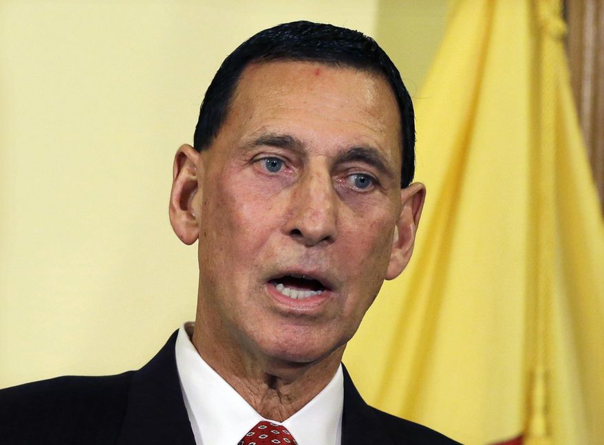 FILE - In this Jan. 6, 2014 file photo, Rep. Frank LoBiondo speaks in Trenton, N.J. LoBiondo is one of three Republican congressmen who went to the Iranian Interest Section to apply in person for visas to travel to Iran. That was more than two months ago and they still don’t have an answer. (AP Photo/Mel Evans, File)