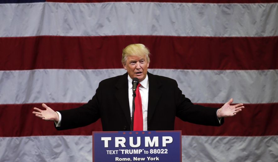 FILE - In this April 12, 2016 file photo, Republican presidential candidate Donald Trump speaks in Rome, N.Y. It’s a new game for the big-money outside groups trying to stop Donald Trump. Anti-Trump super PACs tore through more than $200 million worth of ads trying to persuade presidential primary voters to pick someone else. That didn’t have much effect. (AP Photo/Mike Groll, File)
