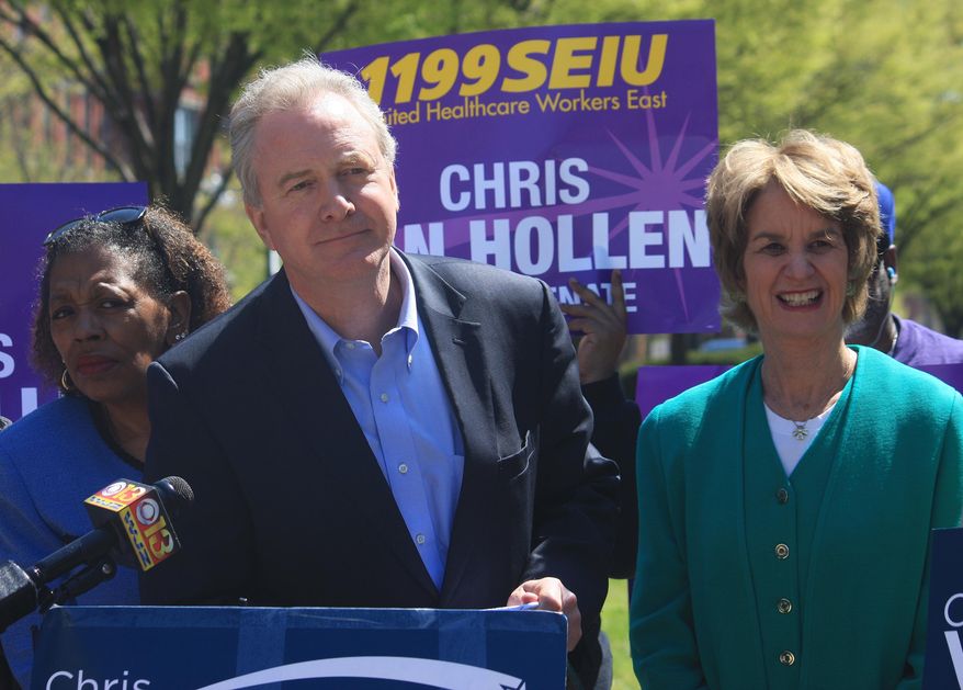 Maryland Rep. Chris Van Hollen speaks during a news conference in Baltimore on Wednesday, April 13, 2016. Hollen said that a new ad released by a PAC supporting his opponent, Rep. Donna Edwards, in Maryland’s U.S. Senate Democratic primary is misleading voters about his positions on gun control. Former Maryland Lt. Gov. Kathleen Kennedy Townsend is standing right and state Sen. Joan Carter Conway, D-Baltimore, is standing left. The White House has asked for the ad to be pulled, because it uses President Barack Obama’s image in a misleading context. (AP Photo/Brian Witte) ** FILE **