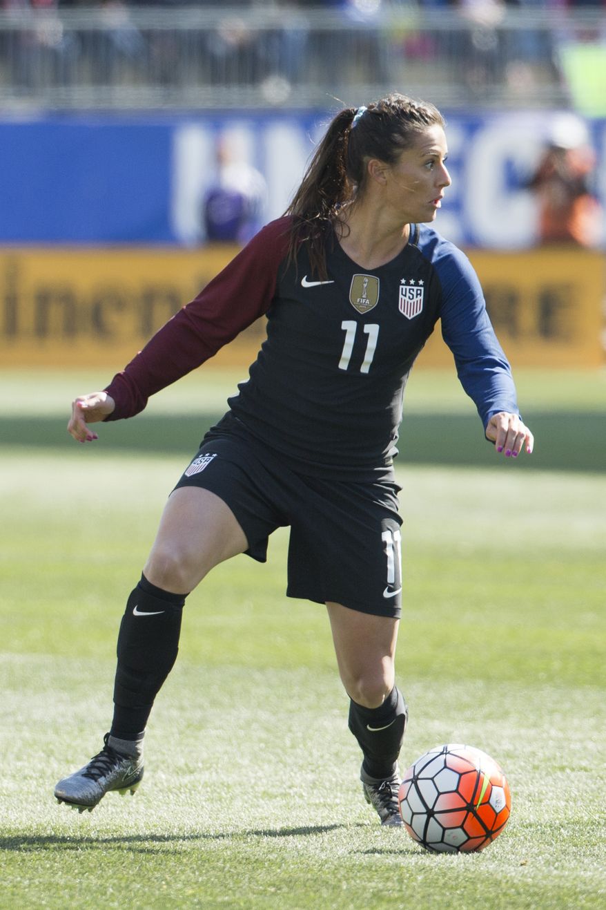 United States&#x27; Ali Krieger (11) in action during the second half of an international friendly soccer match against Colombia, Sunday, April 10, 2016, in Chester, PA. The United States won 3-0. (AP Photo/Chris Szagola)
