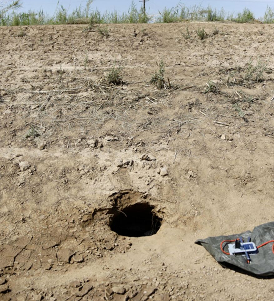 This Thursday, April 14, 2016 photo provided by U.S. Customs and Border Protection shows an entrance to a tunnel that crosses the U.S.-Mexico border near Calexico, Calif. The passage extends about 60 feet into Mexico and at least 80 feet into the United States. It was not immediately clear if the tunnel was completed.(U.S. Customs and Border Protection via AP)
