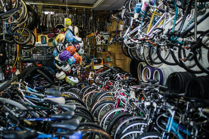 ADVANCED FOR RELEASE SUNDAY, APRIL 17, 2016 Bikes on display at Livernois Bike Shop seen on Tuesday, March 22, 2016, in Detroit. The shop is the oldest bike shop in the city and is fallen on hard times, especially after its owner died. (Salwan Georges/Detroit Free Press via AP)