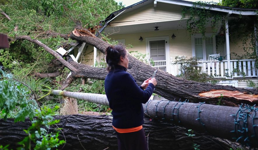 Brigitta Carlsson takes a photo of her neighbors front yard of fallen trees in a neighborhood near Los Angeles' Laurel Canyon on Friday, April 15, 2016. Strong winds are buffeting many areas of Southern California, and falling trees have caused damage. (AP Photo/Richard Vogel)